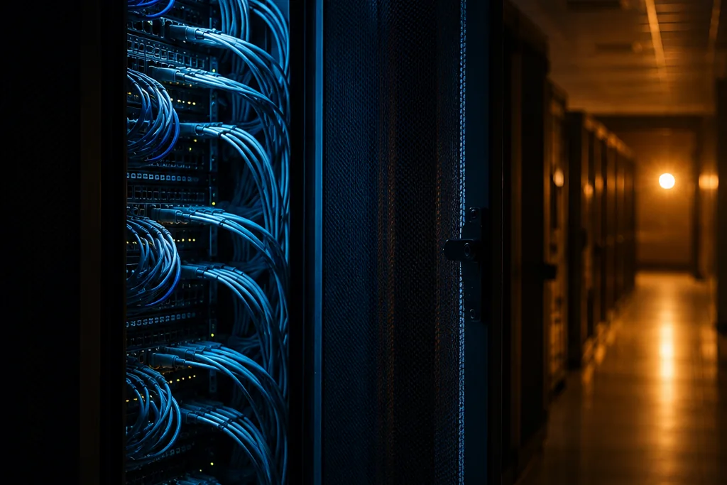 A server rack with its door ajar at night, a neat wall of patch cables, cold blue light from inside the rack.