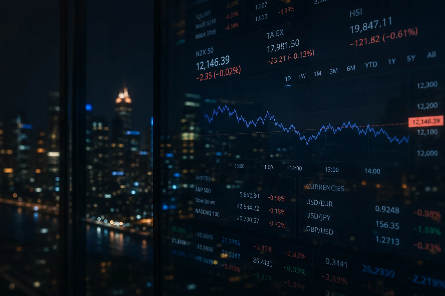 Market data reflected on window glass at night, an out-of-focus skyline behind, one coral tick among neutral figures.