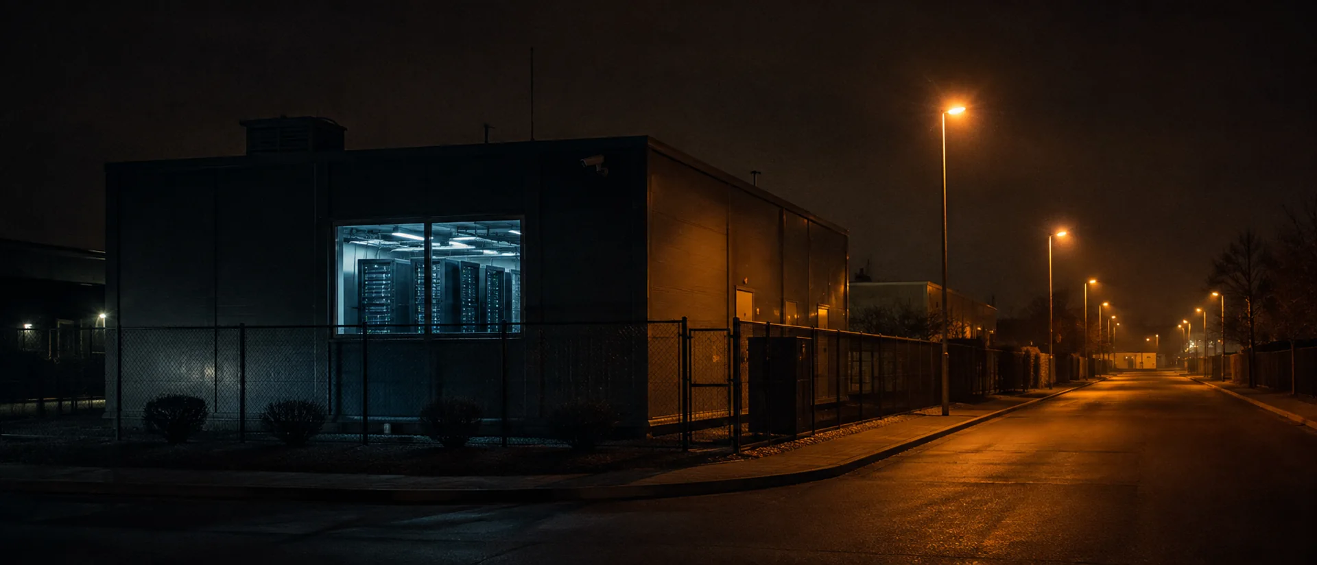 Night exterior of a small data centre, a single lit window, cold blue interior light against warm sodium street lamps.