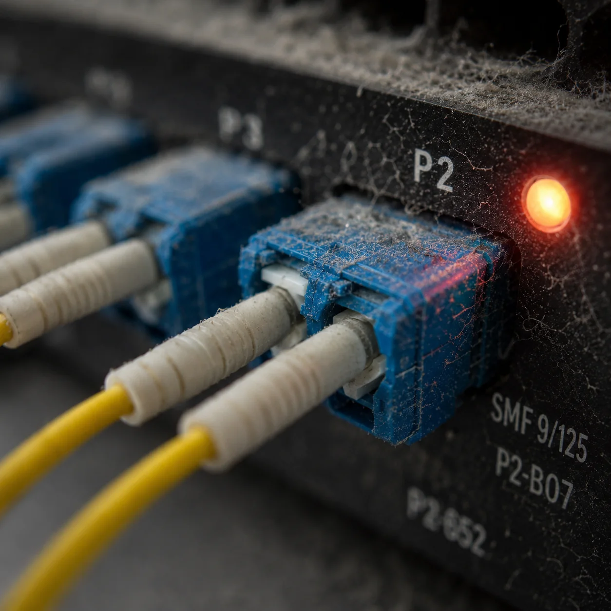 Macro photograph of a network patch panel, fibre connectors and dust, with one coral indicator LED in focus.