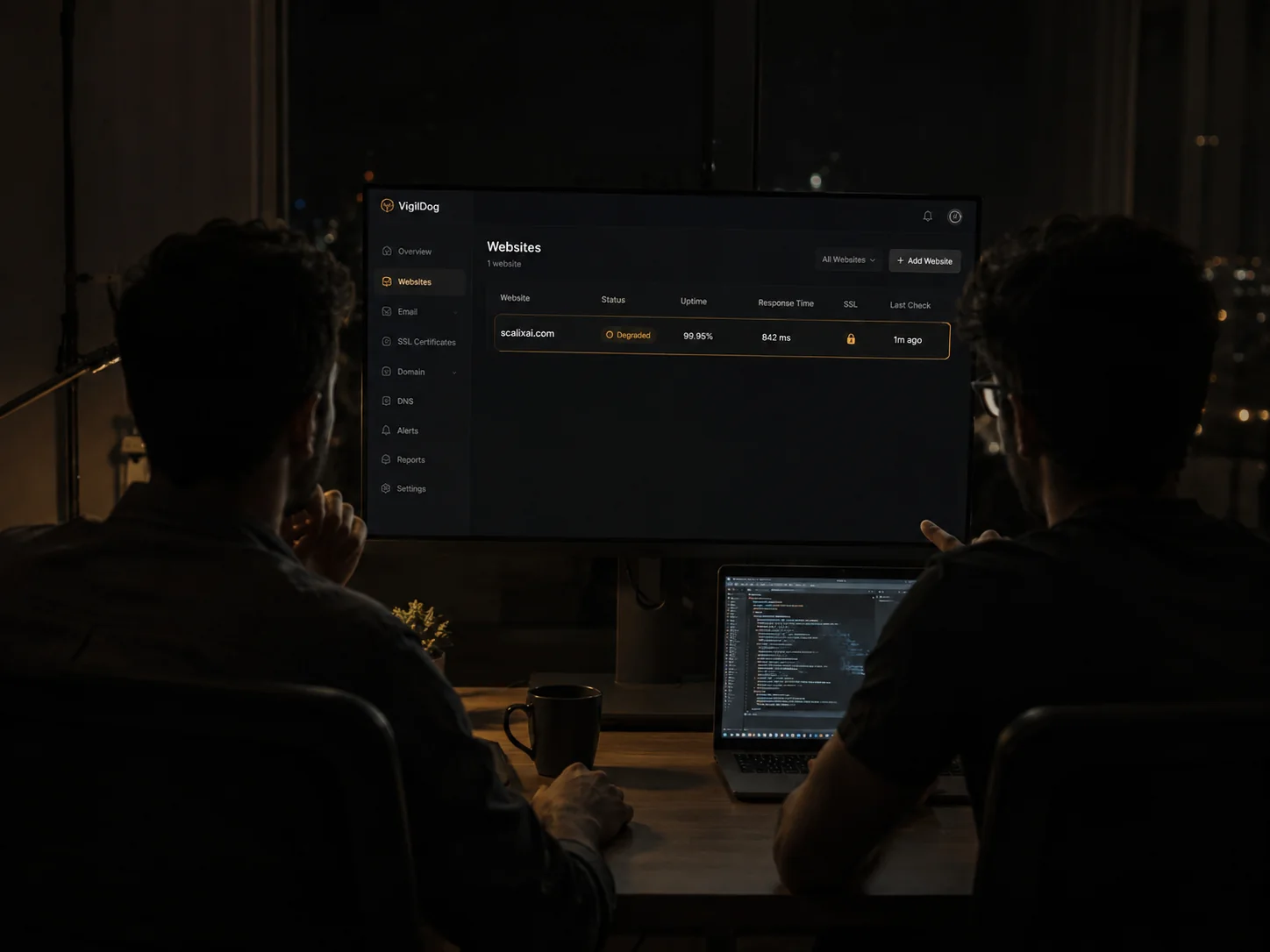Two people at a desk at night, seen from behind, lit only by their screens. One screen shows a dark dashboard with a single amber row.
